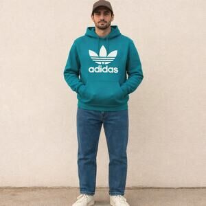 Adidas Trefoil Hoodie Aqua Blue Men’s Small Pullover Sweatshirt
